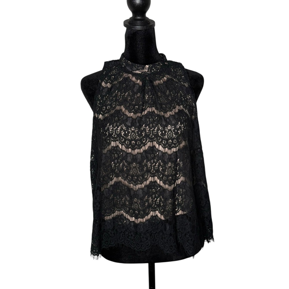 Womens Black Lace Mesh Top Size L Mock Neck Romantic Gothic Dark Feminine